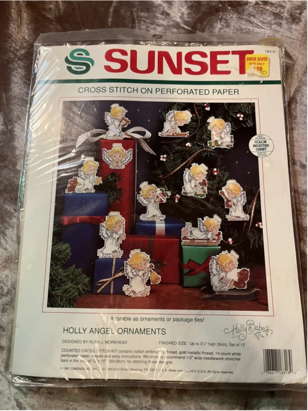 Sunset HOLLY ANGEL ORNAMENTS 1991 Perforated Paper Cross Stitch Kit Morehead